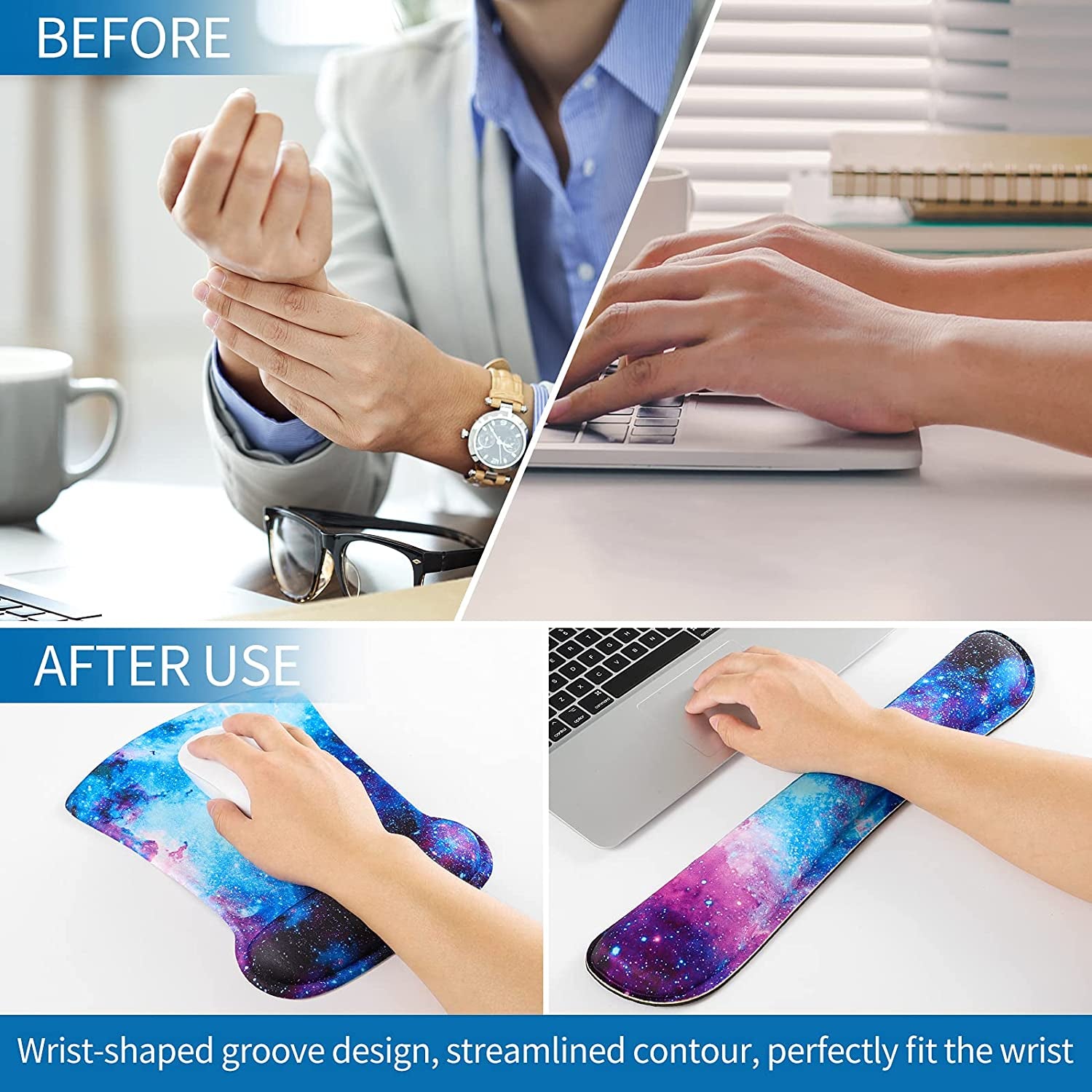 Ergonomic Keyboard and Mouse Wrist Rest Support Set for Enhanced Comfort and Pain Relief (Galaxy)